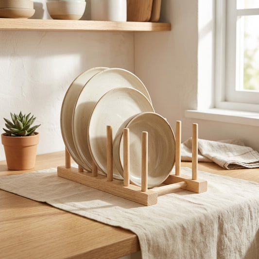 Dishdrip™ Wooden Dish Rack For Plates And Bowls in a calm home setting