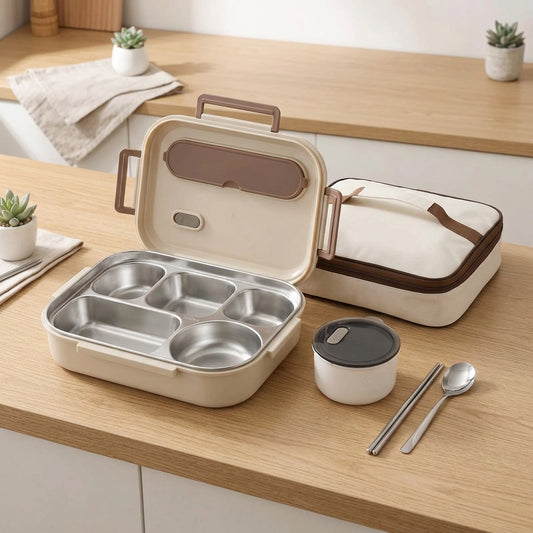 Portionnest™ 304 Stainless Steel Five-Compartment Lunch Box in a calm home setting