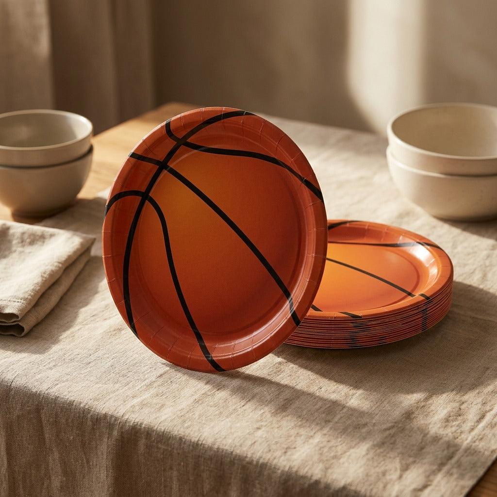 Hoopcheer™ Basketball Party Paper Plates And Tableware, styled close view