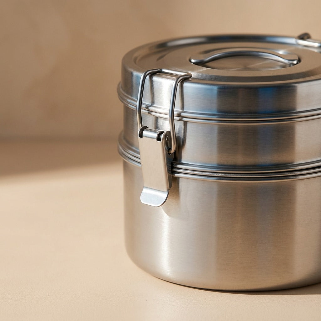 Vaultbite™ 410 Stainless Steel Lunch Box, material and detail close-up
