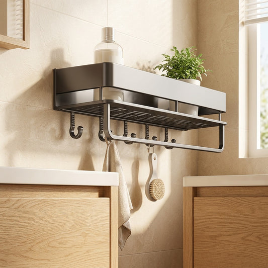 Steelstore™ Carbon Steel Bathroom Storage Rack in a calm home setting
