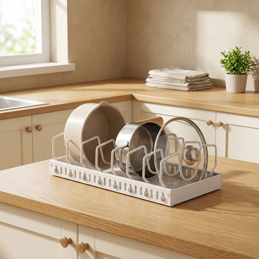 Potglide™ Carbon Steel Pull-Out Pot Rack in a calm home setting