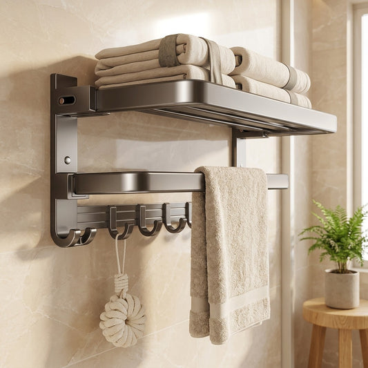 Drybar™ Gunmetal Aluminum Bathroom Towel Rack in a calm home setting