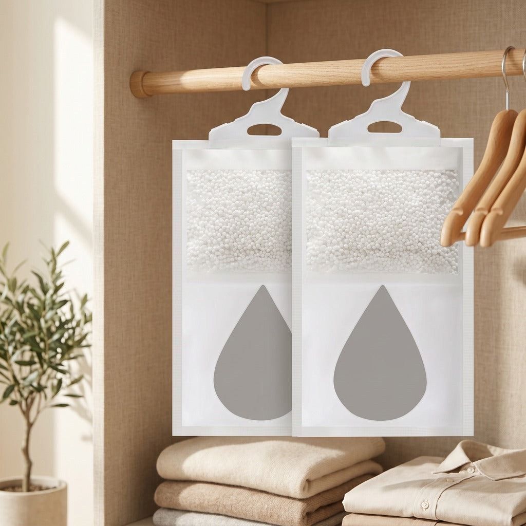 Wardwick™ Hanging Wardrobe Dehumidifier Bag in a calm home setting