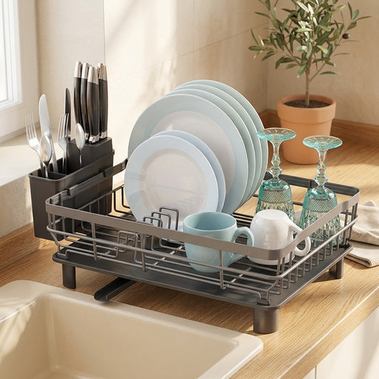 Dishrise™ Iron Single-Layer Dish Rack in a calm home setting