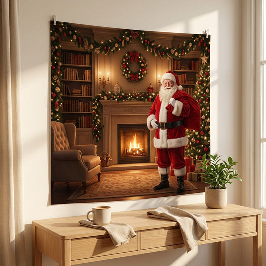 Santascene™ Santa Claus Christmas Backdrop Fabric in a calm home setting