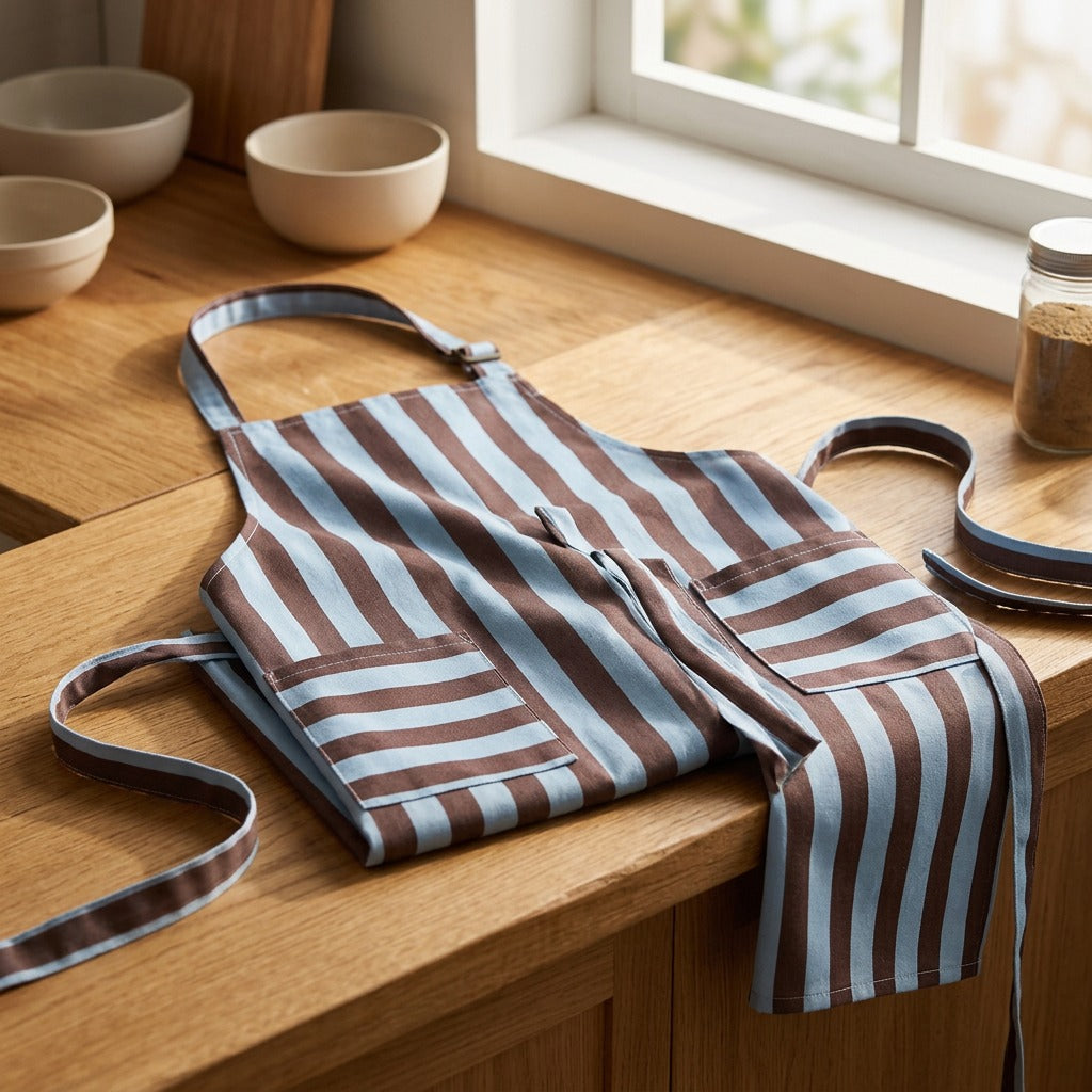 Lineweft™ Striped Polyester Apron, styled close view