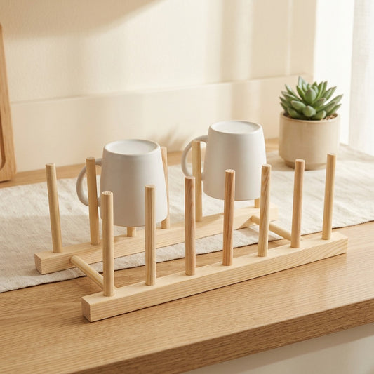 Pineperch™ Pine Wood Cup Storage Rack in a calm home setting