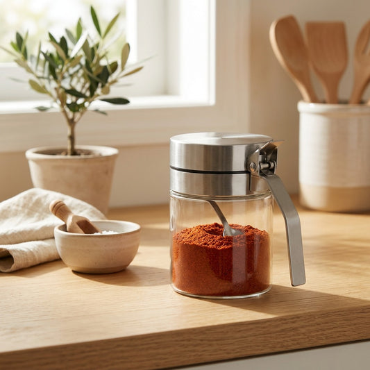 Seasonspoon™ Glass Seasoning Jar With Spoon in a calm home setting
