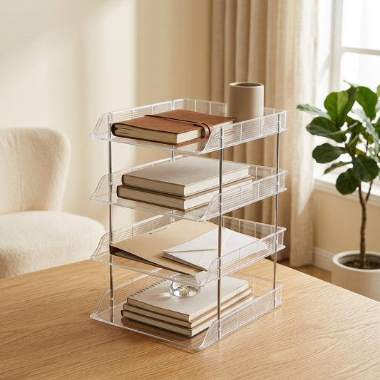 Clearfile™ Transparent Plastic File Rack in a calm home setting