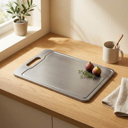 Groovecut™ Pure Titanium Grooved Cutting Board in a calm home setting