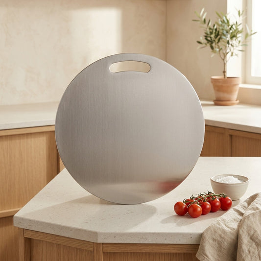 Roundchop™ Round Stainless Steel Cutting Board in a calm home setting