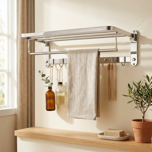 Steelhinge™ 304 Stainless Steel Folding Towel Rack in a calm home setting