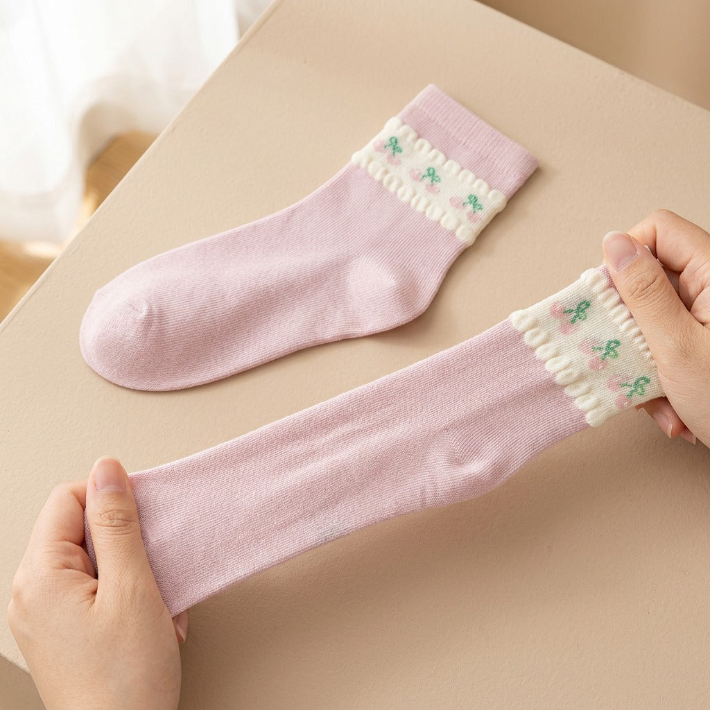 Sockbloom™ Girls’ Thin Cotton Mid-Calf Socks, material and detail close-up