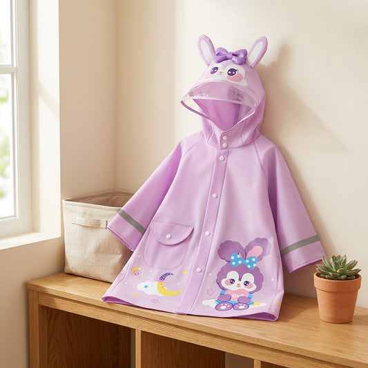 Brimshield™ Wide-Brim Cartoon Backpack Rain Poncho in a calm home setting