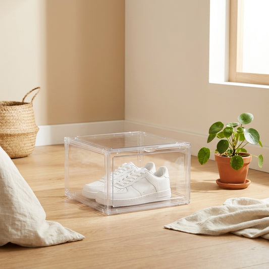 Shoecrystal™ Transparent PET Shoe Storage Box in a calm home setting