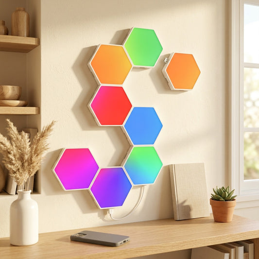 Hexaglow™ Hexagonal LED Atmosphere Light in a calm home setting