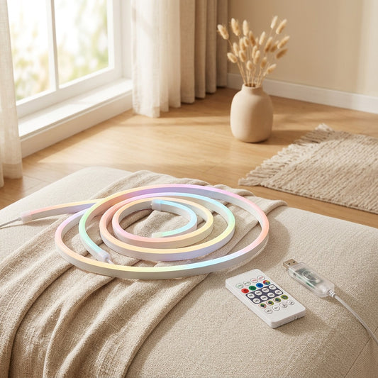 Glowribbon™ RGBIC Neon Light Strip in a calm home setting
