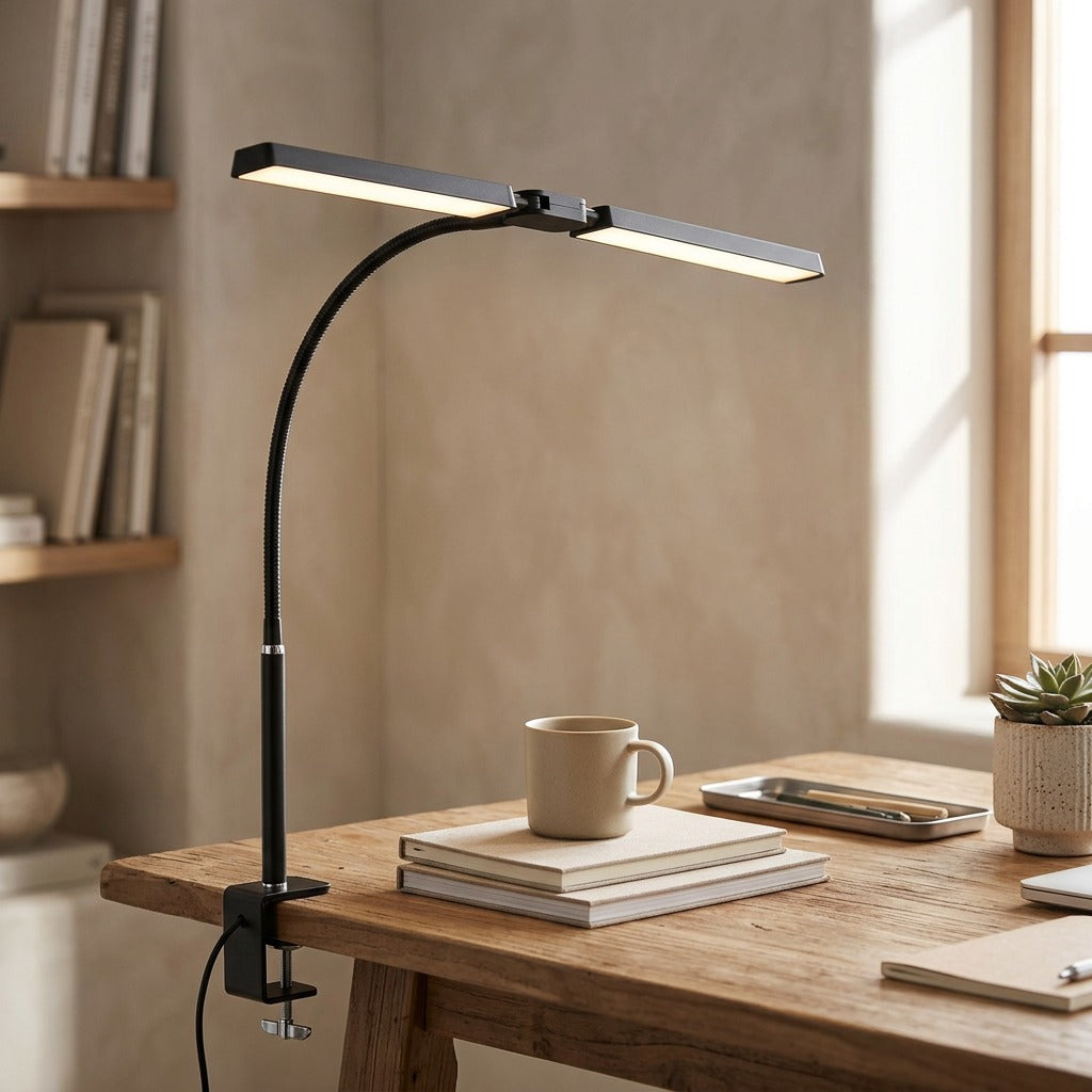 Twinclamp™ Double-Headed Clip Desk Lamp, styled close view
