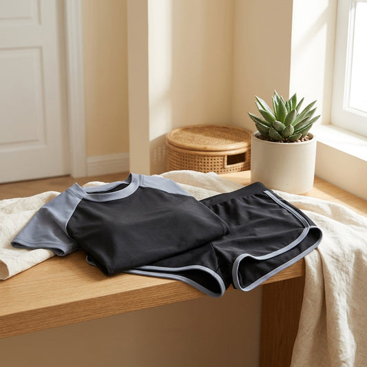 Sleeveswim™ Short-Sleeve Two-Piece Swimsuit in a calm home setting