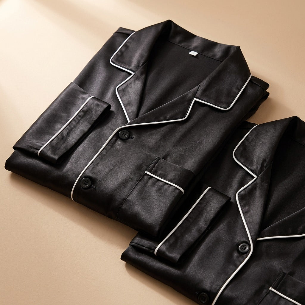 Satinpair™ Simulated Silk Couple Pajamas, material and detail close-up