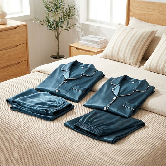 Satinpair™ Simulated Silk Couple Pajamas in a calm home setting