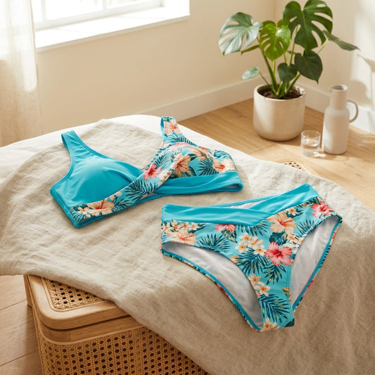 Suncurve™ Women's Plus-Size Printed Two-Piece Bikini in a calm home setting