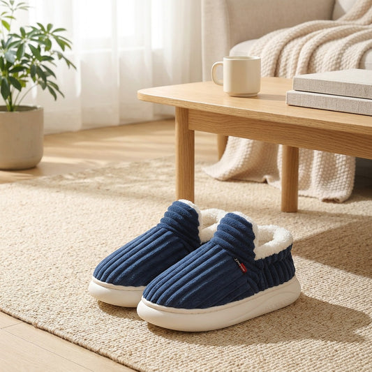 Cozytread™ Women’s Winter Plush Home Slippers in a calm home setting
