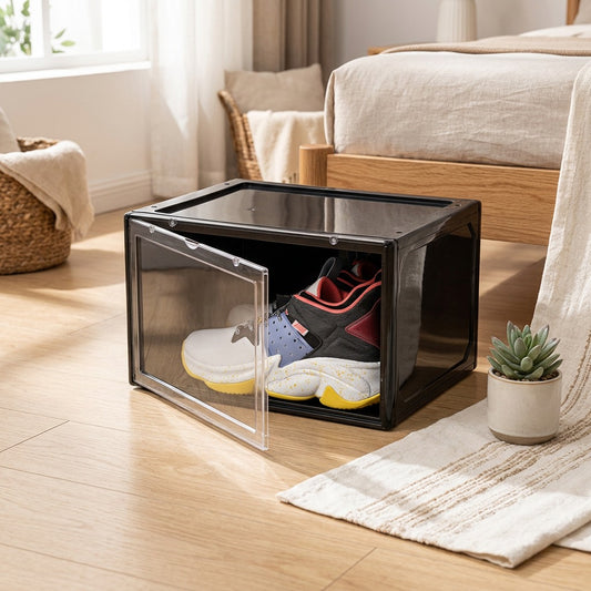 Shoecrate™ Plastic Shoe Storage Box in a calm home setting