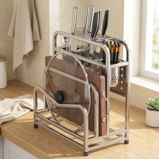 Chopledge™ Stainless Steel Knife And Board Rack in a calm home setting