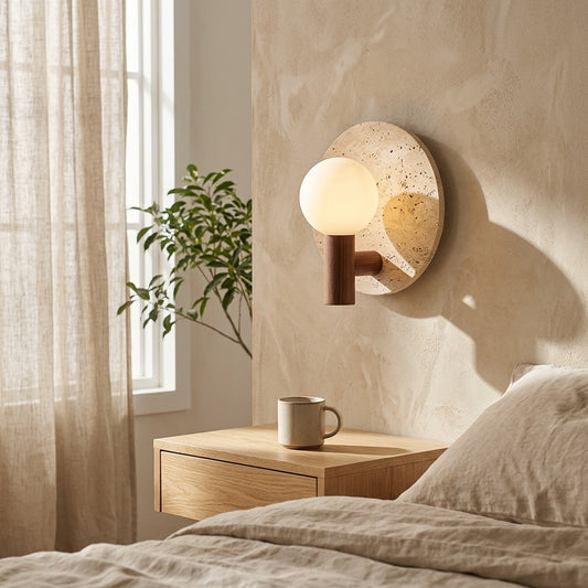 Stonebeam™ Yellow Travertine Wall Lamp in a calm home setting