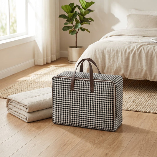 Houndfold™ Foldable Houndstooth Storage Bag in a calm home setting