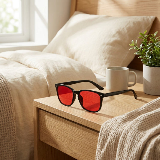 Wingshade™ Wing-Shaped Blue Light Glasses in a calm home setting