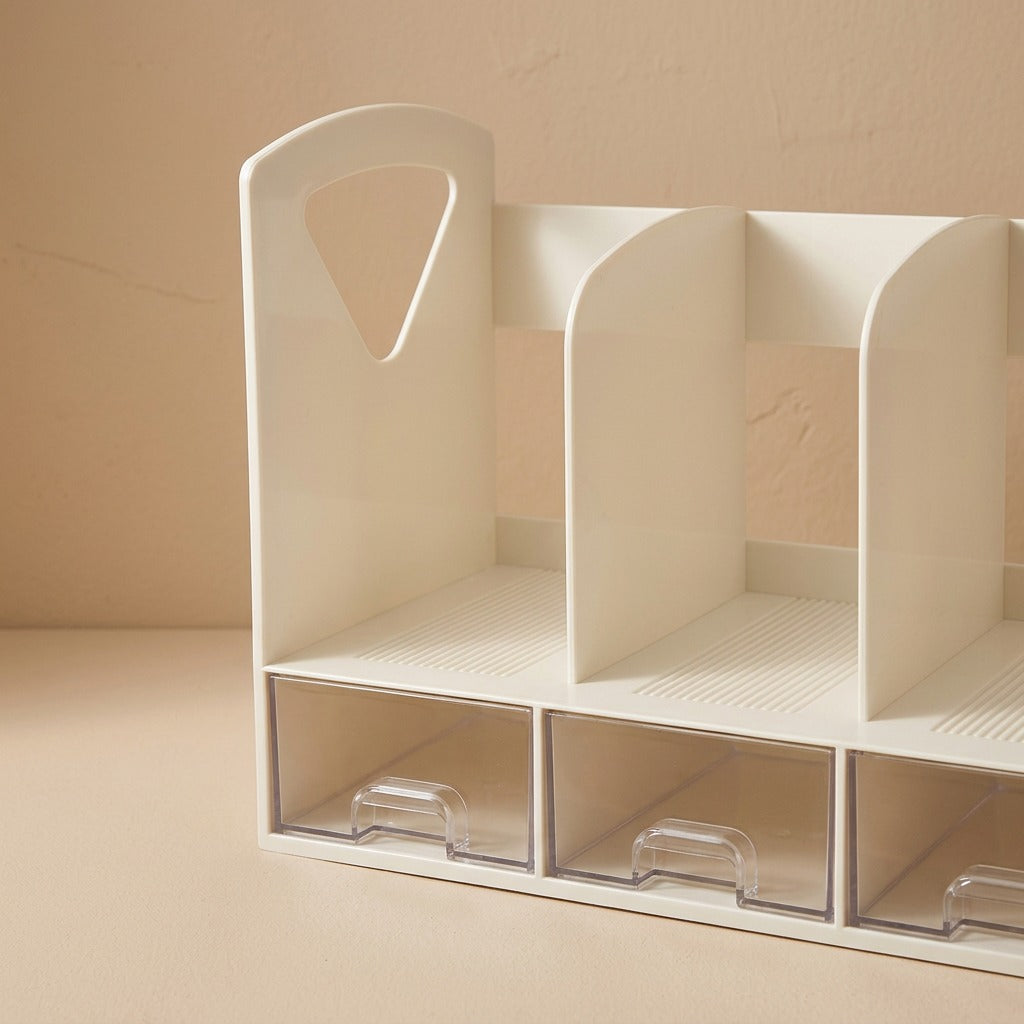 Bookdrawer™ Plastic Desktop Bookshelf With Drawer, material and detail close-up