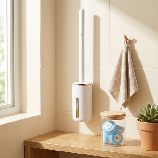 Scrubtoss™ Disposable Plastic Toilet Brush in a calm home setting
