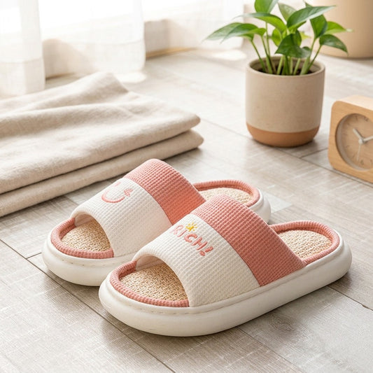 Linenbreeze™ Linen Open-Toe EVA Slippers in a calm home setting