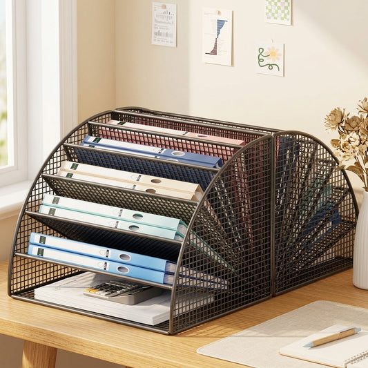 Deskstack™ Iron Desk File Storage Rack in a calm home setting