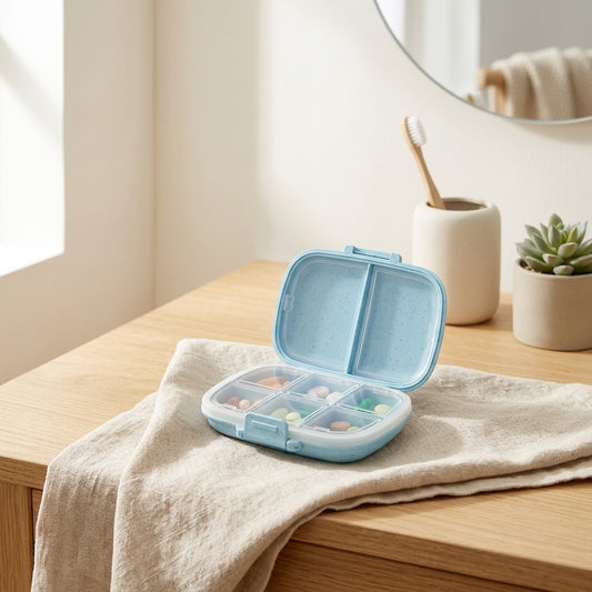 Dosecell™ 8-Compartment Plastic Pill Box in a calm home setting