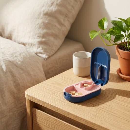 Dosecutter™ Portable Pill Box With Cutter in a calm home setting