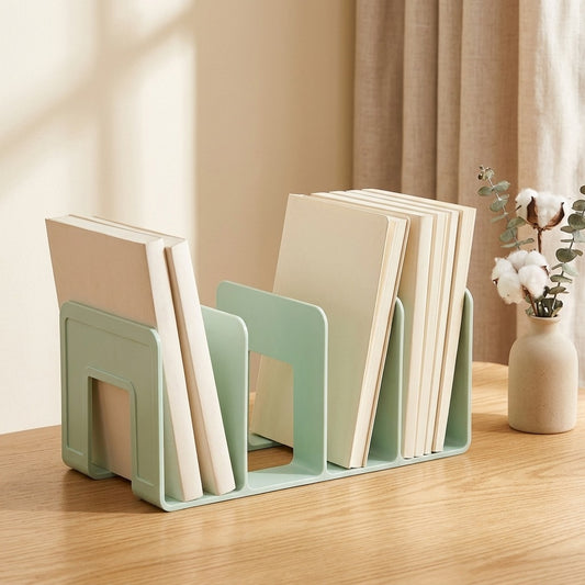 Bookcolumn™ Four-Column Plastic Book Stand in a calm home setting