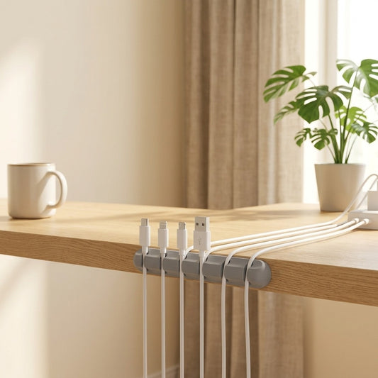 Cordnook™ Silicone Data Cable Organizer Clip in a calm home setting