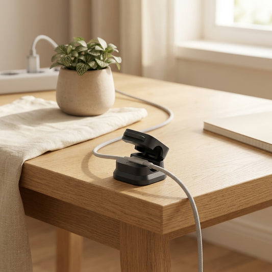 Magnetach™ Magnetic Cable Organizer Clip in a calm home setting
