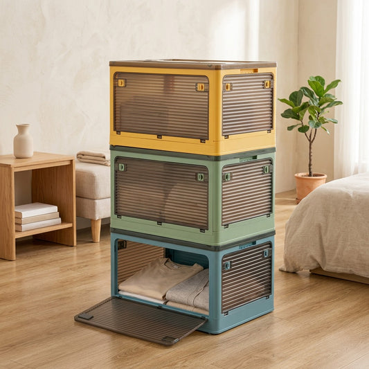 Stowmate™ Foldable Plastic Storage Box for Clothing and Toys in a calm home setting
