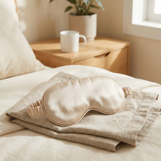 Duomask™ Double-Sided Breathable Silk Eye Mask in a calm home setting