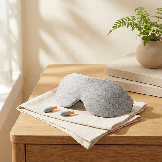 Duskura™ 3D Eye Mask With Earplugs in a calm home setting
