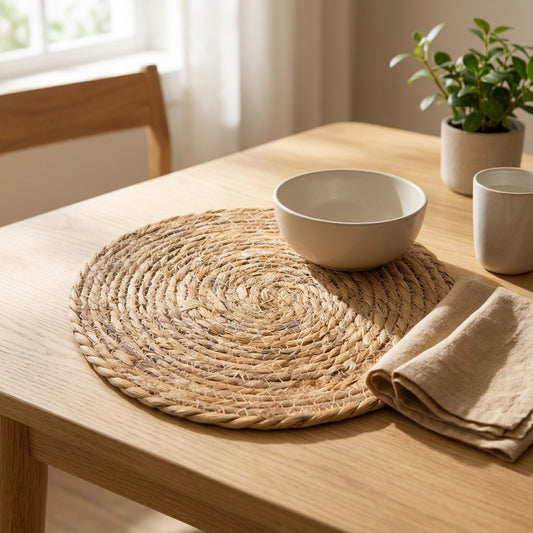 Strawcircle™ Hand-Woven Cattail Straw Round Mat in a calm home setting