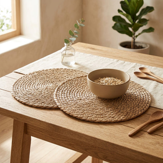 Reedweave™ Straw Heat-Resistant Placemats in a calm home setting