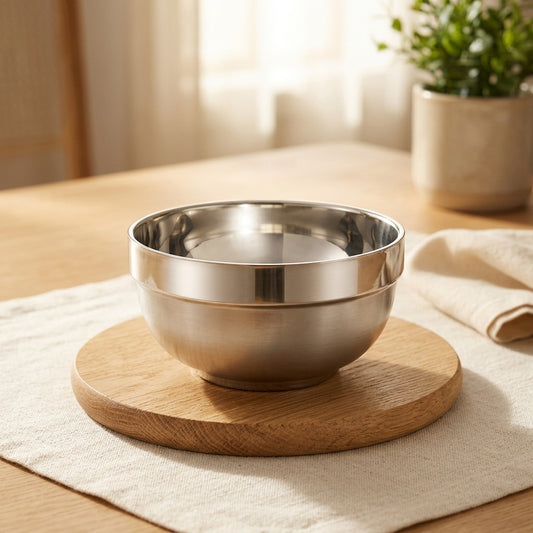 Rimwell™ Double-Layer Stainless Steel Rice Bowl in a calm home setting