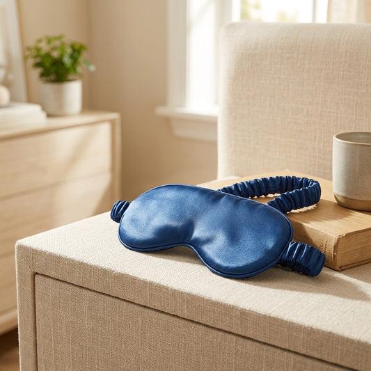 Softshade™ Double-Sided Imitation Silk Eye Mask in a calm home setting