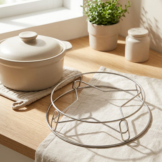 Steamcradle™ Round Stainless Steel Pot Steaming Rack in a calm home setting